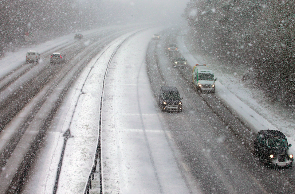 <em>Drivers battle through icy conditions in Swanley, Kent, as the weather warnings may be upgraded (Rex)</em>