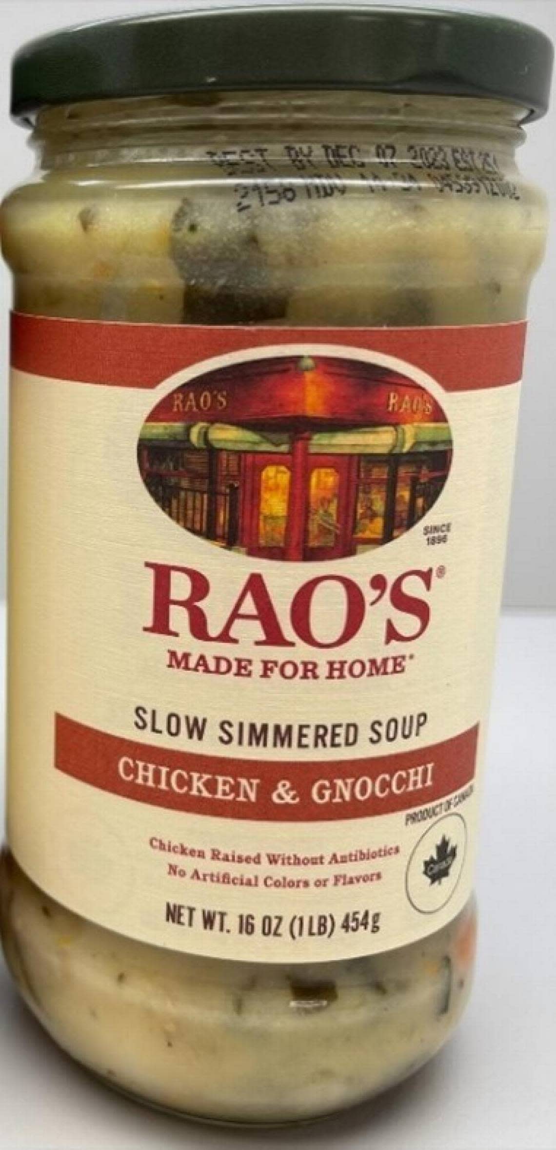 Rao’s Chicken & Gnocchi-labeled jar with actual chicken and gnocchi soup.
