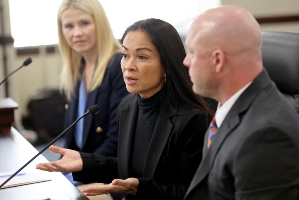 Miyo Strong, Smart Defense program manager, asks the Utah Legislature’s Higher Education Appropriations Subcommittee to fund the Smart Defense sexual assault prevention and self-defense course at all state universities in the Senate building in Salt Lake City on Wednesday, Jan. 24, 2024. | Kristin Murphy, Deseret News