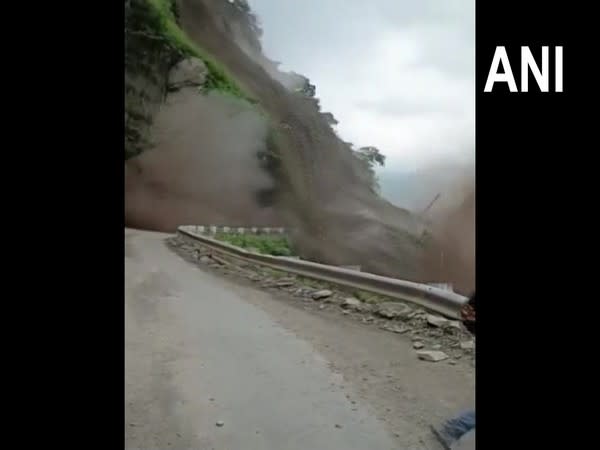 Nahan-Kumarhatti road blocked on National Highway 907 in Himachal Pradesh following a massive landslide. [Photo/ANI]