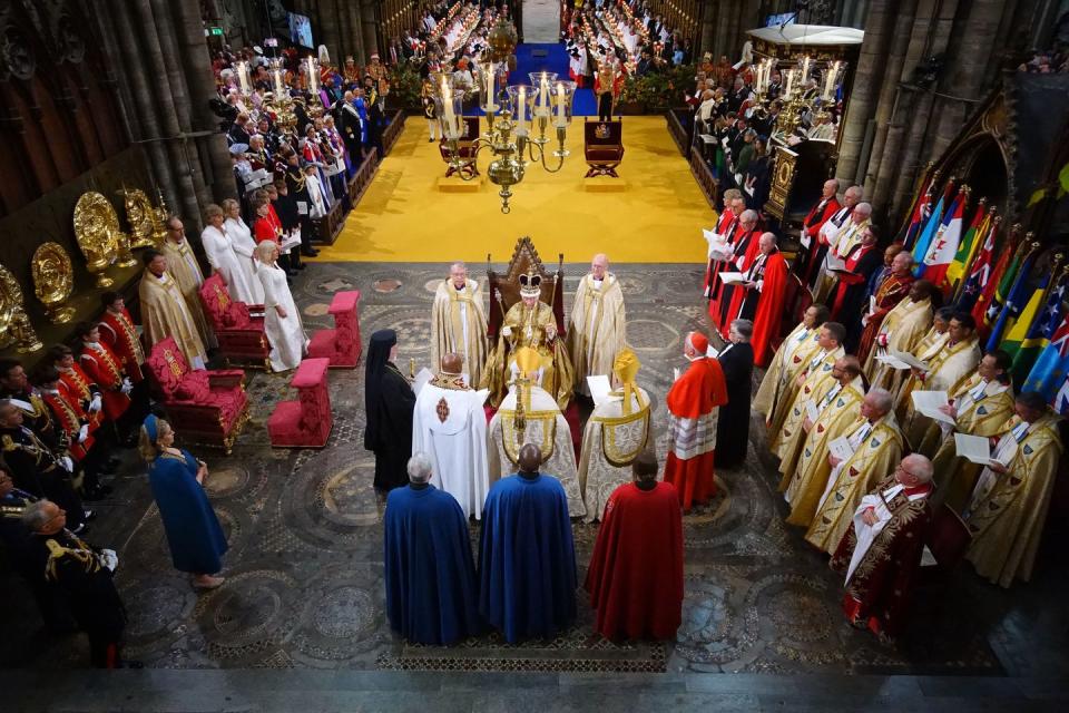 london, england may 06 king charles iii after being crowned with st edwards crown by the archbishop of canterbury the most reverend justin welby during his coronation ceremony in westminster abbey on may 6, 2023 in london, england the coronation of charles iii and his wife, camilla, as king and queen of the united kingdom of great britain and northern ireland, and the other commonwealth realms takes place at westminster abbey today charles acceded to the throne on 8 september 2022, upon the death of his mother, elizabeth ii photo by aaron chown wpa poolgetty images