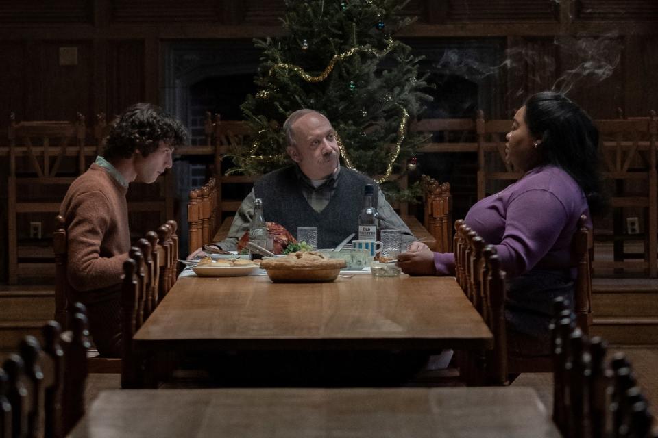 L-R: Dominic Sessa, Paul Giamatti and Da'Vine Joy Randolph in a scene from ‘The Holdovers’ (© 2023 FOCUS FEATURES LLC. ALL RIGHTS RESERVED.)
