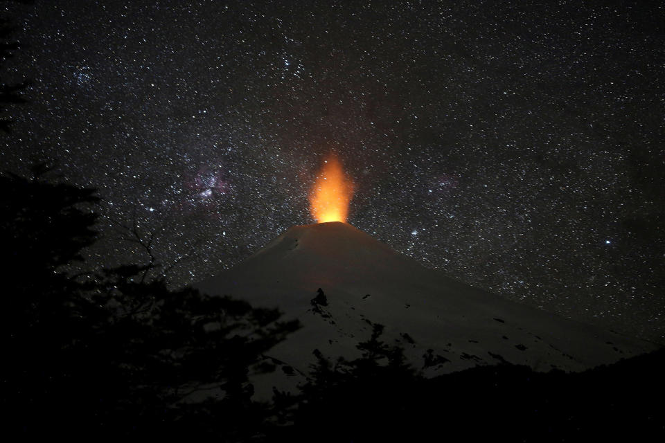 The Villarrica volcano at night, from the Villarrica area of Chile, on Nov. 20, 2022