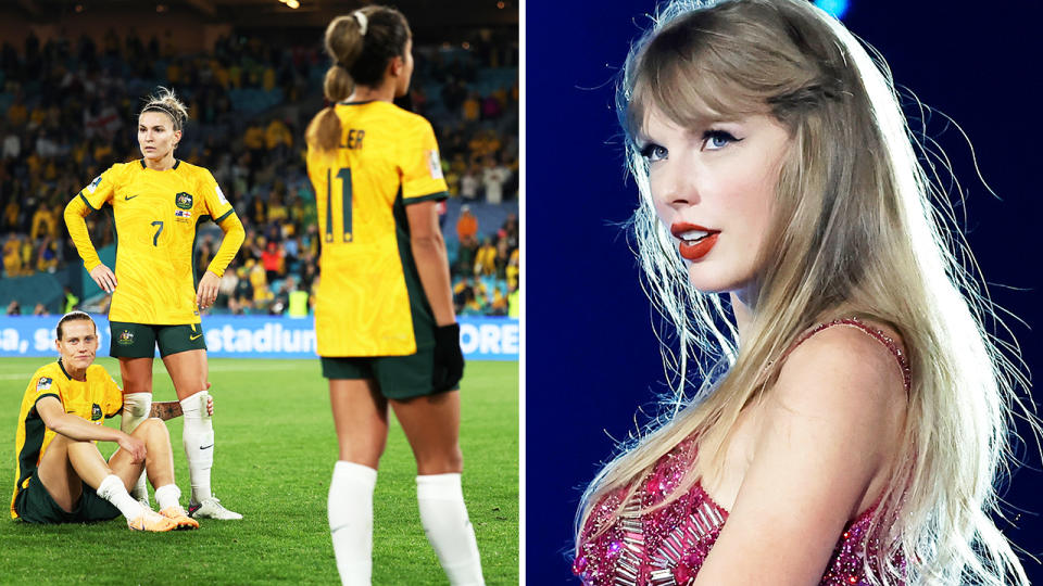Matildas players, pictured here alongside Taylor Swift.