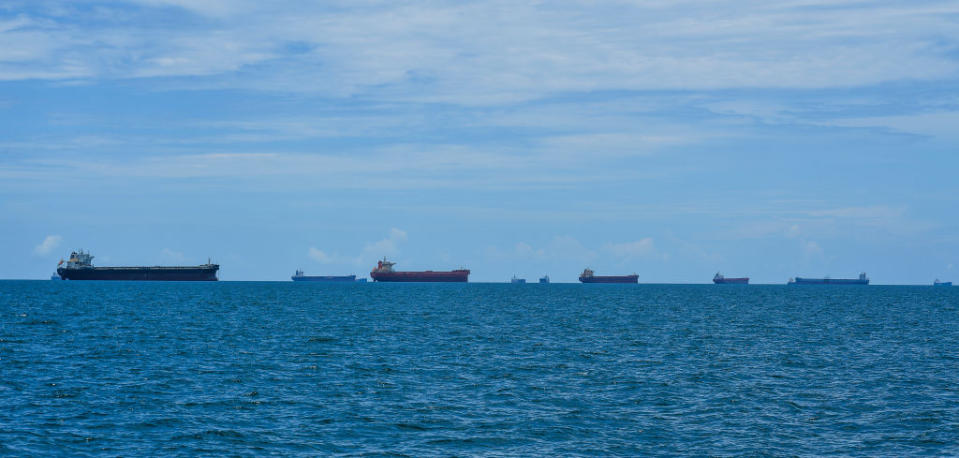 Coal carrying freighters wait their turn to dock to fill up with coal at Dalrymple Bay Coal Terminal and Hay Point Coal Terminal in Queensland in January. Source: Getty