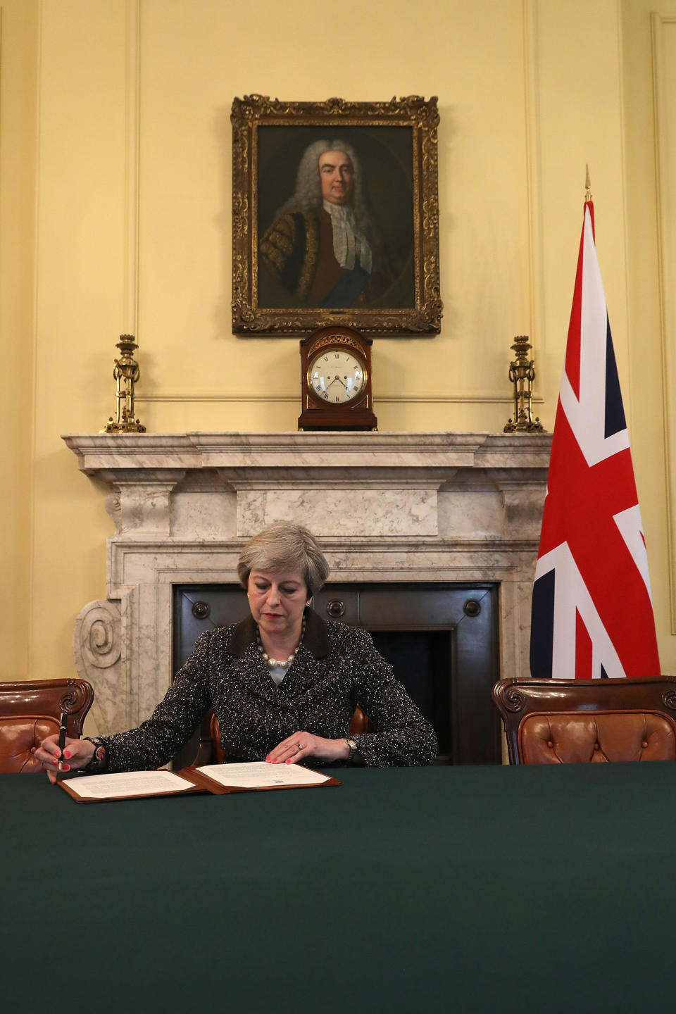 Prime Minister Theresa May in the cabinet signs the Article 50 letter, as she prepares to trigger the start of the UK’s formal withdrawal from the EU.