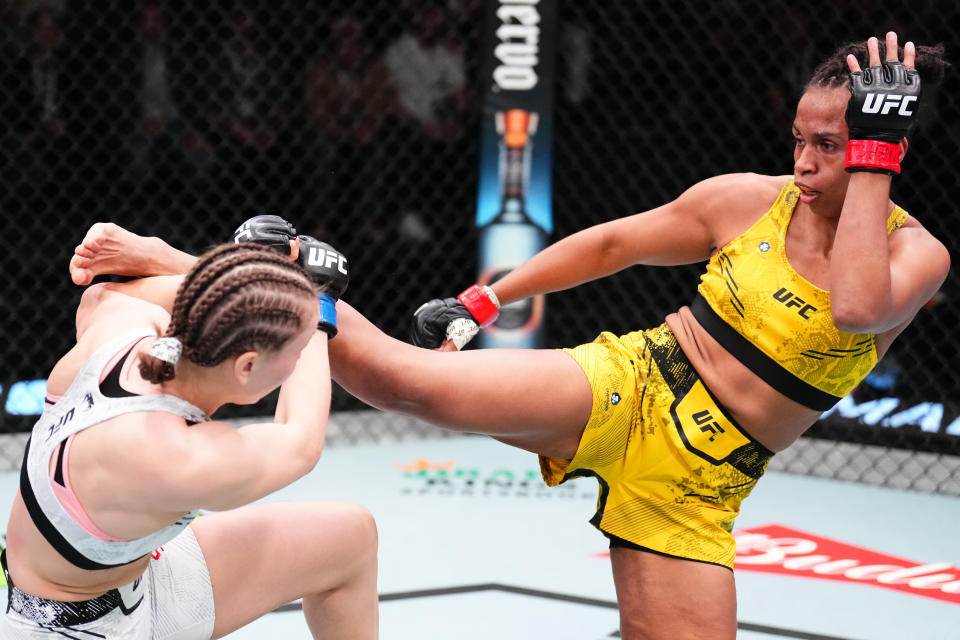 LAS VEGAS, NEVADA – FEBRUARY 03: (R-L) Luana Carolina of Brazil kicks Julija Stoliarenko of Lithuania in a flyweight fight during the UFC Fight Night event at UFC APEX on February 03, 2024 in Las Vegas, Nevada. (Photo by Chris Unger/Zuffa LLC via Getty Images)
