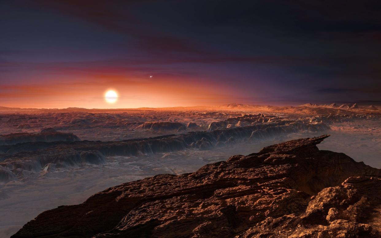 An artist's impression of a view of the surface of the planet Proxima b orbiting the red dwarf star Proxima Centauri, the closest star to the Solar System - AFP