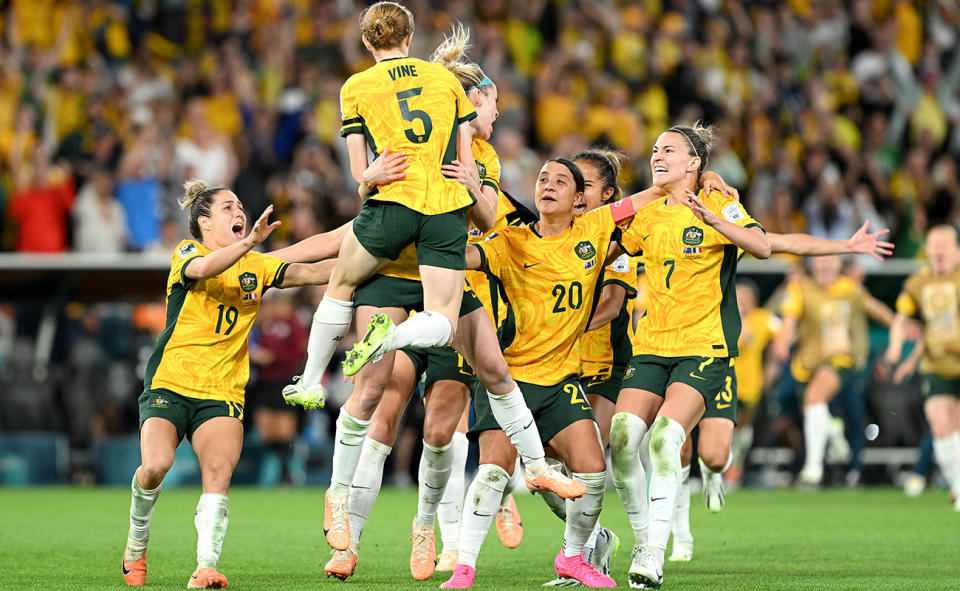 Matildas players, pictured here celebrating after their win over France at the Women's World Cup.