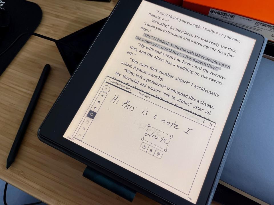 Using the Kindle's stylus, you can easily select some text and then add a handwritten or text note. A post-launch updated at a lasso tool so you can select and move some writing if needed. (Rick Broida/Yahoo)