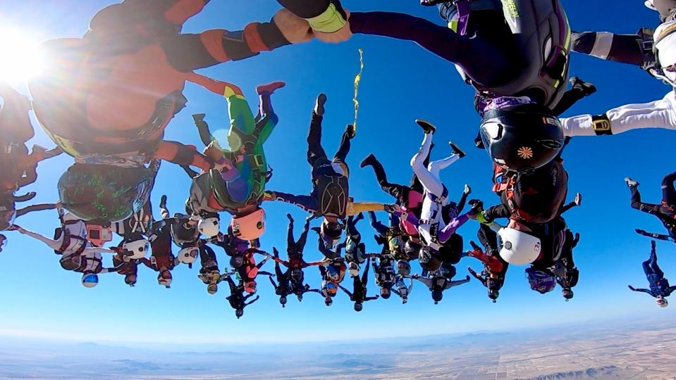 To achieve the world-record-setting formation, the team of women skydivers will challenge themselves to perfectly and safely hold hands, falling at 160 miles per hour for just 80 seconds.