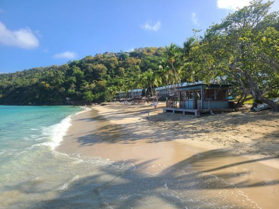 The lush coastline of a tropical beach with a small building.