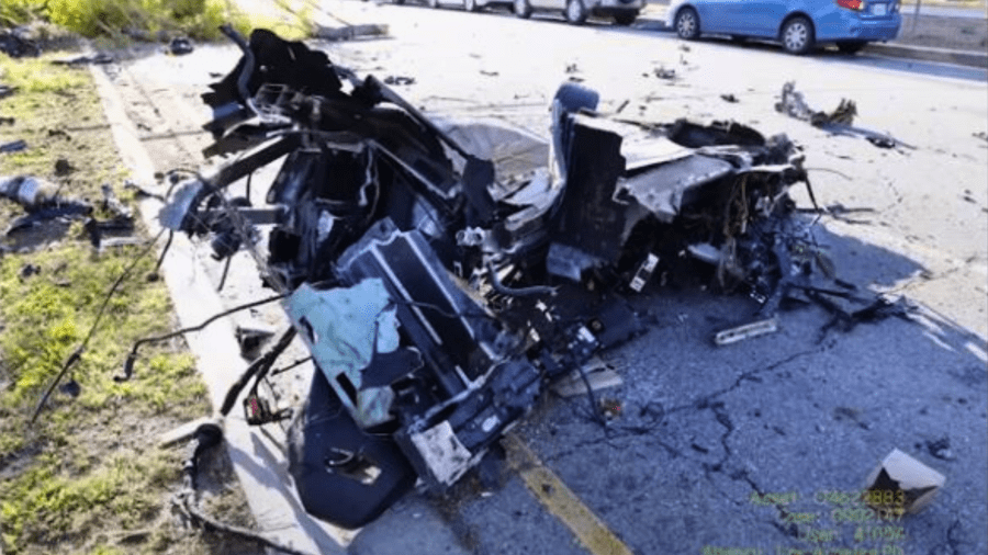 Remants of the suspect's Lamborghini Huracán after a high-speed crash in Los Angeles on April 6, 2024. (Los Angeles Police Department)