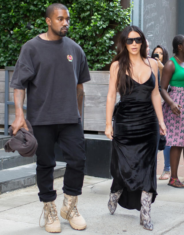 Kim Kardashian Wears Yeezy and a Tan Suede Hermes in New York