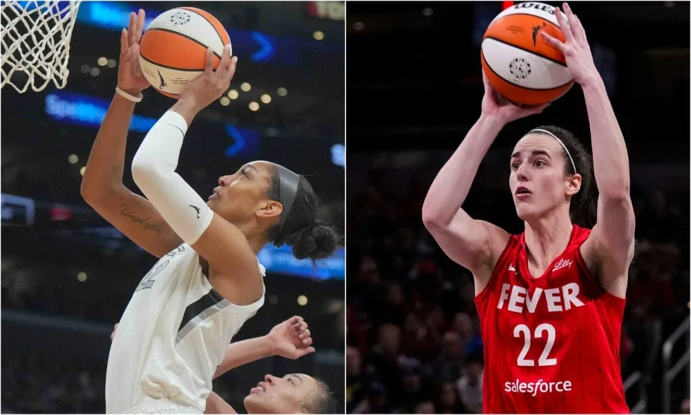 Side by side photos of Las Vegas Aces center A'ja Wilson and Indiana Fever guard Caitlin Clark (Photos by Kirby Lee and Grace Smith/USA TODAY Network)