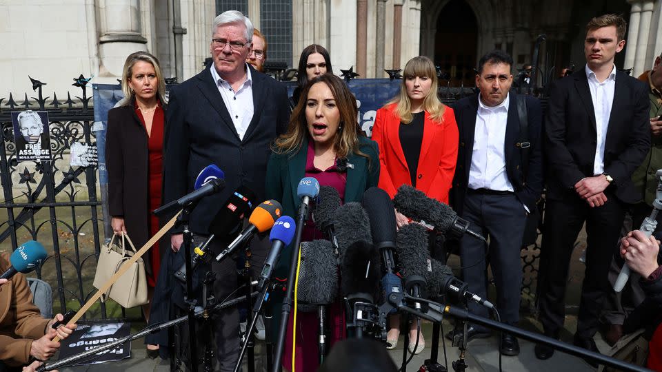 Stella Assange, Assange's wife, speaks to the media after Tuesday's ruling in London. - Toby Melville/Reuters