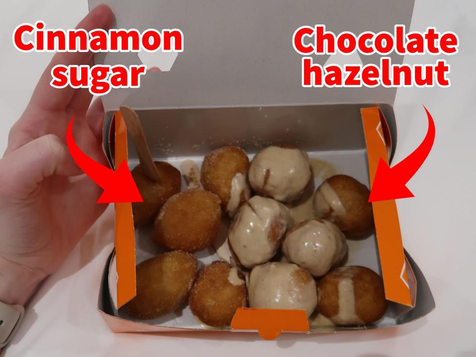 Cinnamon sugar doughnut holes (left) and chocolate hazelnut doughnut holes (right).