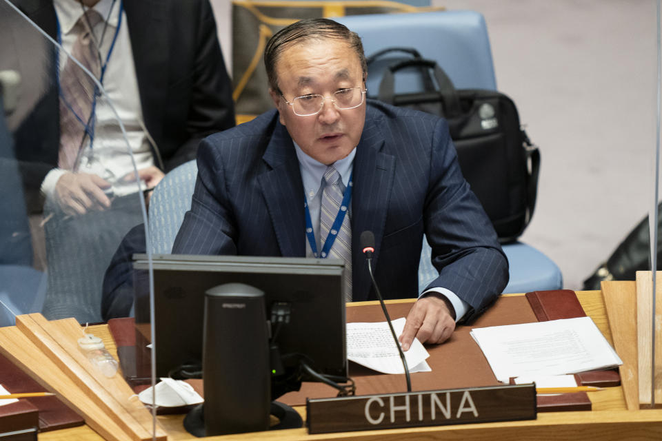 Zhang Jun, permanent representative of China to the United Nations, speaks during a meeting of the United Nations Security Council, Thursday, Sept. 23, 2021, during the 76th Session of the U.N. General Assembly in New York. (AP Photo/John Minchillo, Pool)