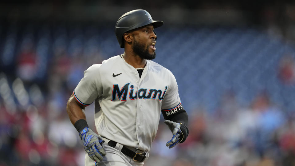 FILE - Miami Marlins' Starling Marte plays during a baseball game against the Philadelphia Phillies in Philadelphia, in this Tuesday, June 29, 2021, file photo. Outfielder Starling Marte was traded Wednesday, July 28, 2021, by the Miami Marlins to the Oakland Athletics for left-hander Jesus Luzardo. (AP Photo/Matt Slocum, File)