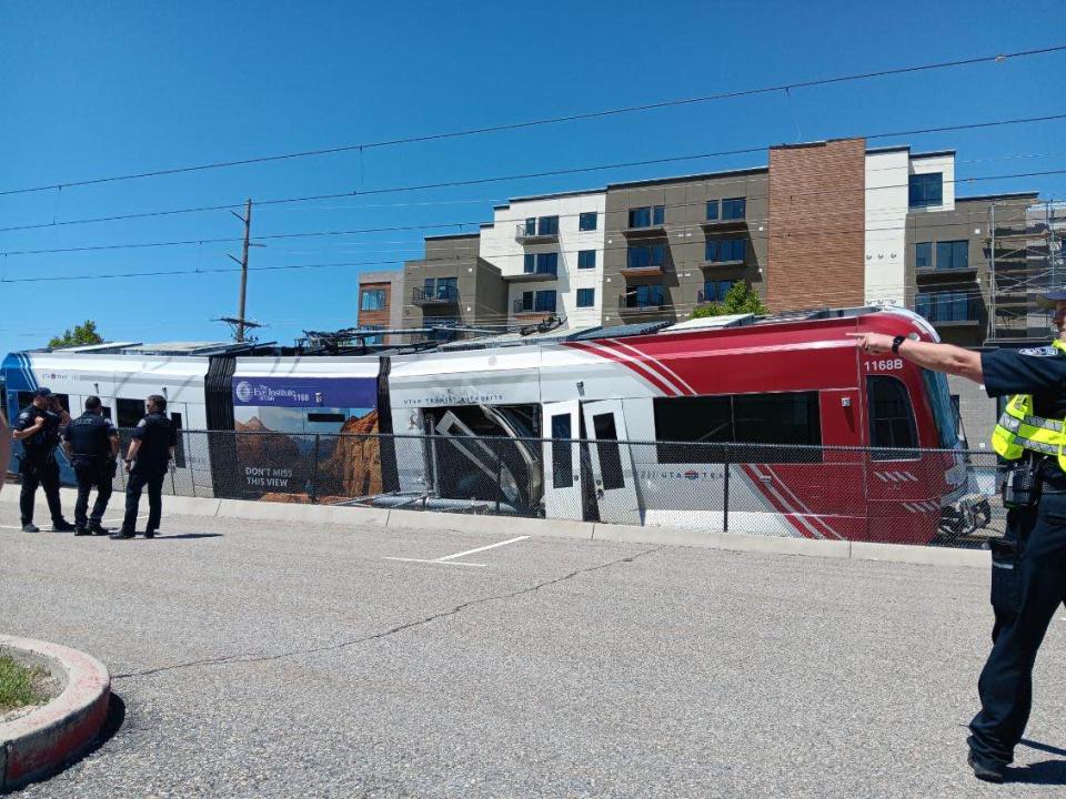 A TRAX train is seen off the tracks after an incident on the afternoon of May 12, 2024. (Courtesy: Tim Pulley)