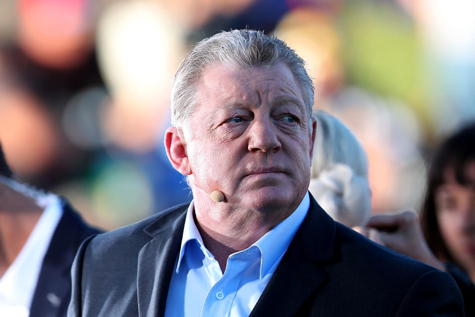 Seen here, NRL commentator Phil Gould appears during a game in 2019.