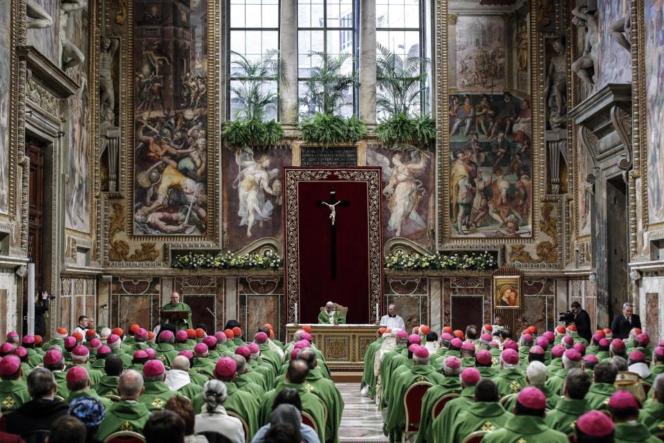 FILE - Pope Francis celebrates Mass at the Vatican, Sunday, Feb. 24, 2019. Five years ago this week, Francis convened an unprecedented summit of bishops from around the world to impress on them that clergy abuse was a global problem and they needed to address it, but now, five years later, despite new church laws to hold bishops accountable and promises to do better, the Catholic Church's in-house legal system and pastoral response to victims has proven again to be incapable of dealing with the problem. (Giuseppe Lami/Pool Photo via AP, file)