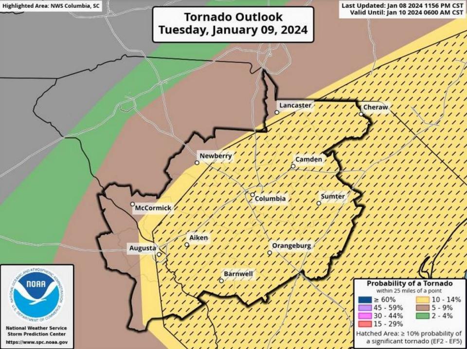 Severe weather is forecast to affect the Midlands area of South Carolina.