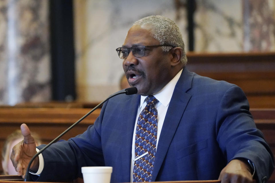 Sen. John Horhn, D-Jackson, speaks during debate on legislation that would expand the roles for state police and appointed judges inside the majority-Black and Democratic-led capital city of Jackson, Tuesday, March 7, 2023, at the Mississippi Capitol in Jackson. The majority-white and Republican-led Mississippi Senate passed the bill which now advances to the House. (AP Photo/Rogelio V. Solis)