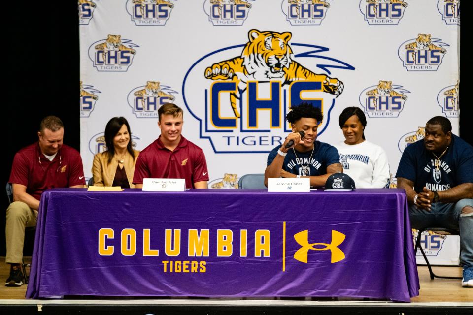 Jerome Carter address the audience along with Camdon Frier during a signing ceremony at Columbia High School in Lake City, FL on Wednesday, December 20, 2023. [Chris Watkins/Gainesville Sun]