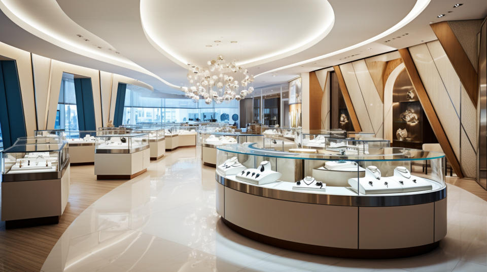 An elegant and modern jewelry store showcasing refined diamond jewelry.