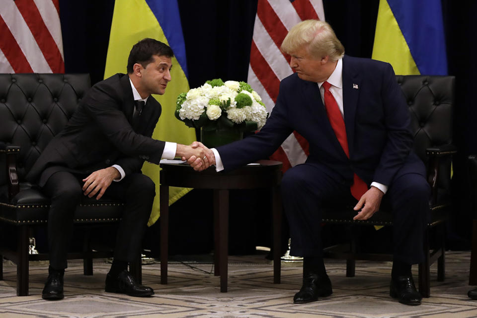 President Donald Trump meets with Ukrainian President Volodymyr Zelenskiy at the InterContinental Barclay New York hotel during the United Nations General Assembly on Sept. 25, 2019, in New York. 