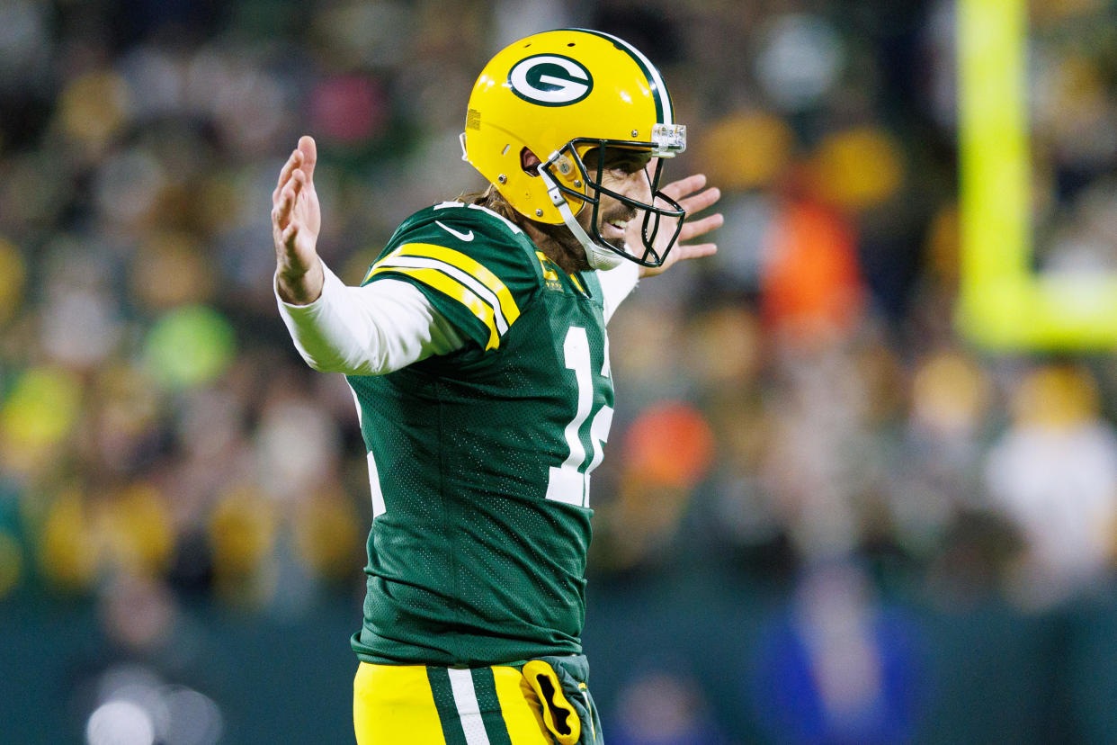 Dec 12, 2021; Green Bay, Wisconsin, USA;  Green Bay Packers quarterback Aaron Rodgers (12) during the game against the Chicago Bears at Lambeau Field. Mandatory Credit: Jeff Hanisch-USA TODAY Sports