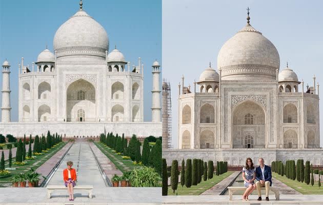 Princess Diana (left) sits at the Taj Mahal in 1992 and Kate and William (right) in the same spot in 2016.