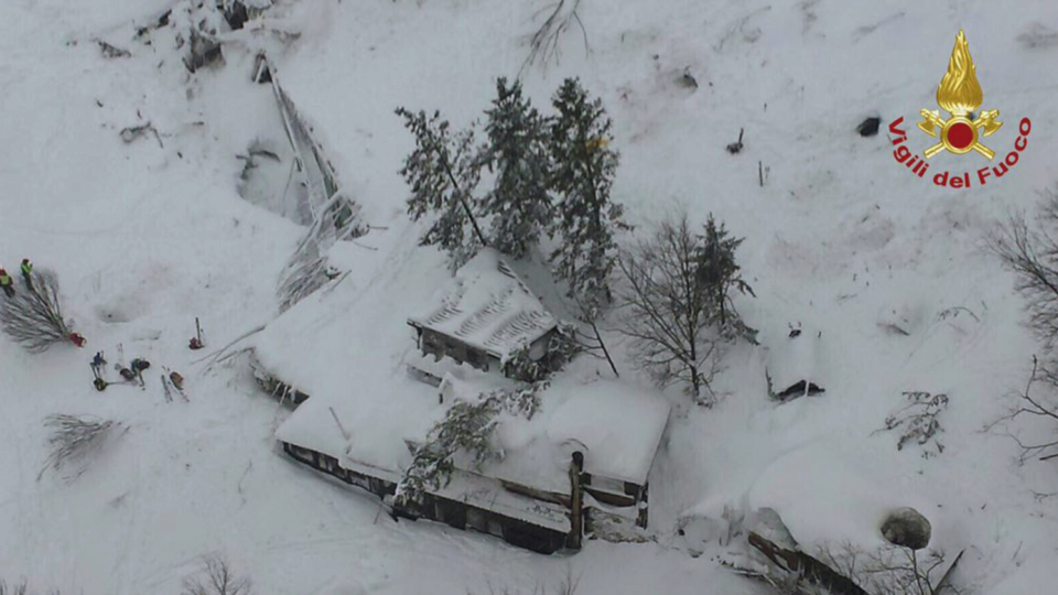 An aerial shot of Hotel Rigopiano shows it buried under the snow (Picture: Reuters)