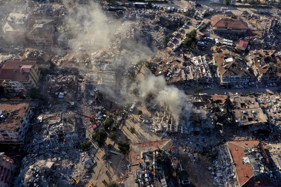 Destroyed buildings are seen from above in Antakya, southeastern Turkey, on February 9, 2023.