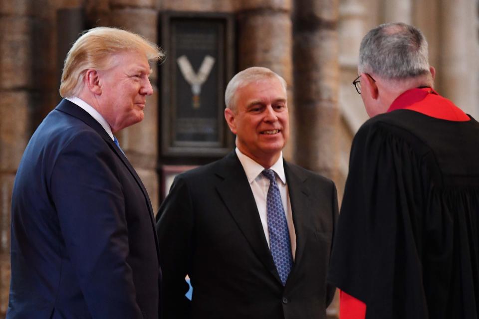 Prince Andrew and President Donald Trump talk with Dean of Westminster John Hall (right) during a June 3 visit to Westminster Abbey in London. (Photo: Jeff J Mitchell via Getty Images)