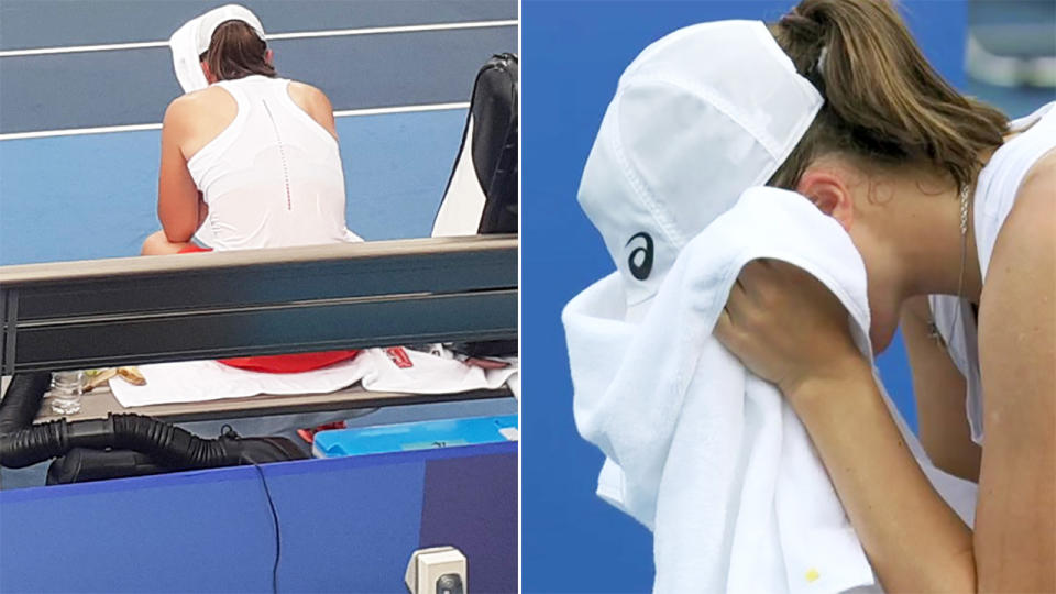 Iga Swiatek, pictured here sobbing into her towel after losing at the Olympics.