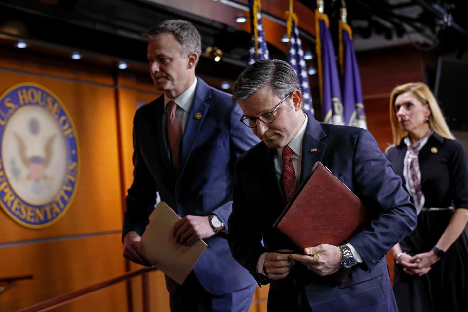 WASHINGTON, DC - FEBRUARY 29: U.S. Speaker of the House Mike Johnson (R-LA) departs from a news conference with House Republican leadership on February 29, 2024 in Washington, DC. Following their weekly Republican conference members took questions on a range of topics including legislation to fund the government and U.S. President Joe Biden's upcoming visit to the U.S. Southern Border. (Photo by Anna Moneymaker/Getty Images)