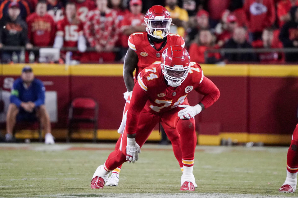 Oct 12, 2023; Kansas City, Missouri, USA; Kansas City Chiefs offensive tackle Jawaan Taylor (74) lines up against the Denver Broncos during the game at GEHA Field at Arrowhead Stadium. Mandatory Credit: Denny Medley-USA TODAY Sports