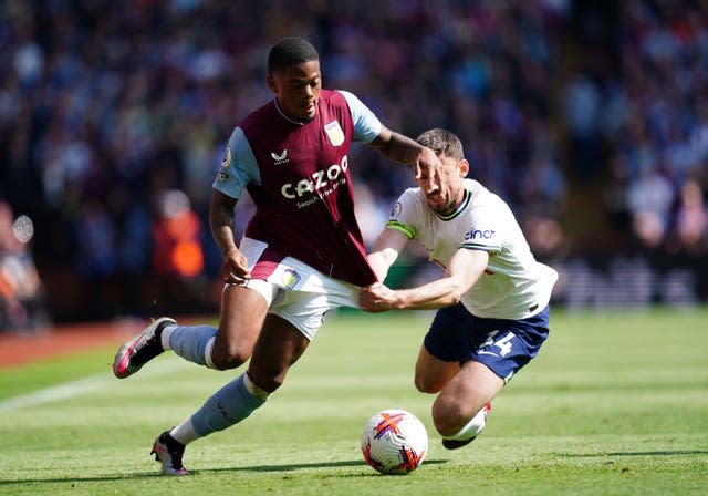 Tottenham&#x002019;s Clement Lenglet, right, pulls back Aston Villa&#x002019;s Leon Bailey