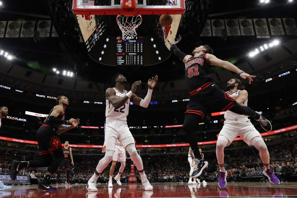 Chicago Bulls guard Ryan Arcidacono (51) shoots against the Phoenix Suns during the first half of an NBA basketball game in Chicago, Saturday, Feb. 22, 2020. (AP Photo/Nam Y. Huh)