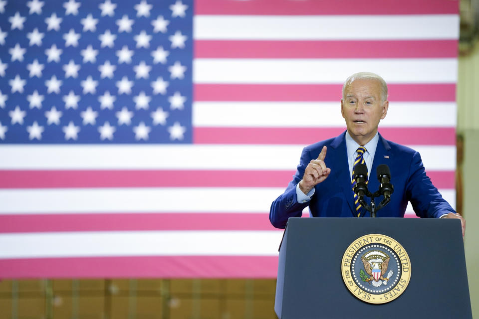 President Joe Biden speaks about his economic agenda at Flex LTD, Thursday, July 6, 2023, in West Columbia, S.C. (AP Photo/Evan Vucci)