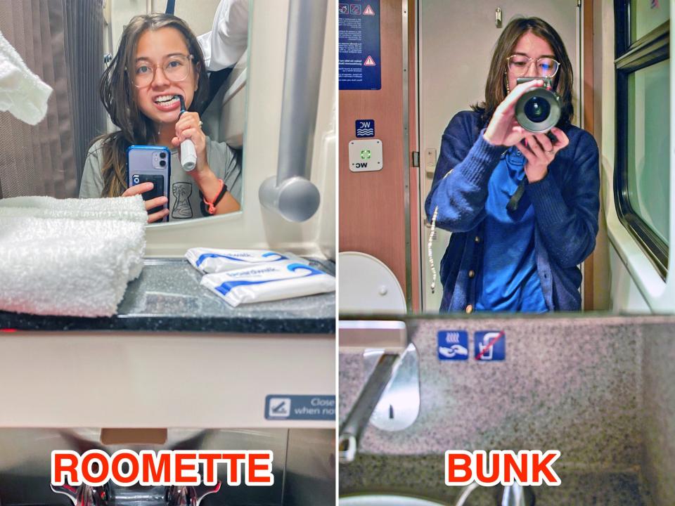 Side-by-side of bathroom sink in Amtrak roomette (L) and Nightjet bunk (R), Joey Hadden, "Amtrak roomette and Nightjet shared bunk compared: photos"