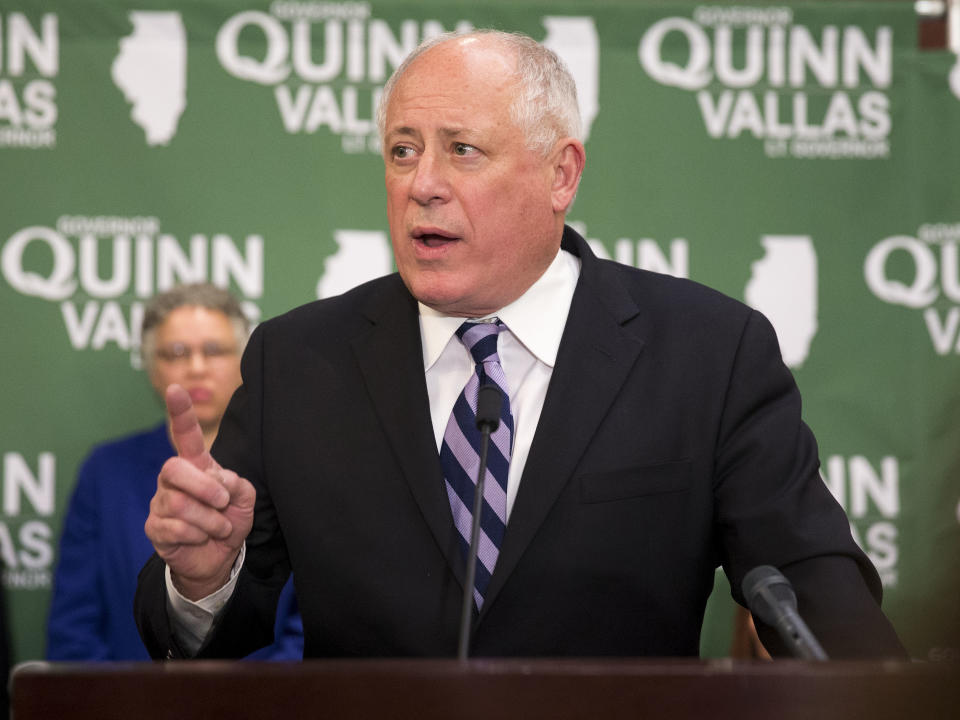 Illinois Gov. Pat Quinn addresses the crowd declaring his primary election victory during his election night reception on Tuesday, March 18, 2014, in Chicago. (AP Photo/Andrew A. Nelles)
