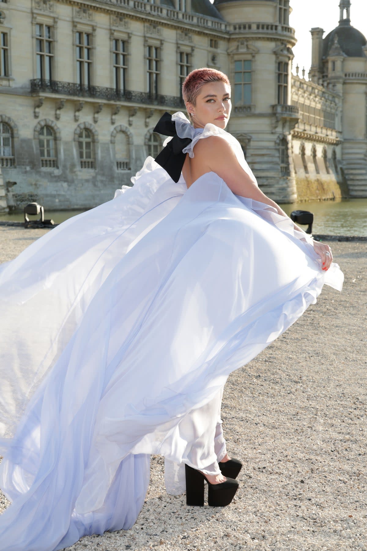 Florence Pugh in Chantilly, France at the Valentino Haute Couture FW 2024 show (Getty Images)