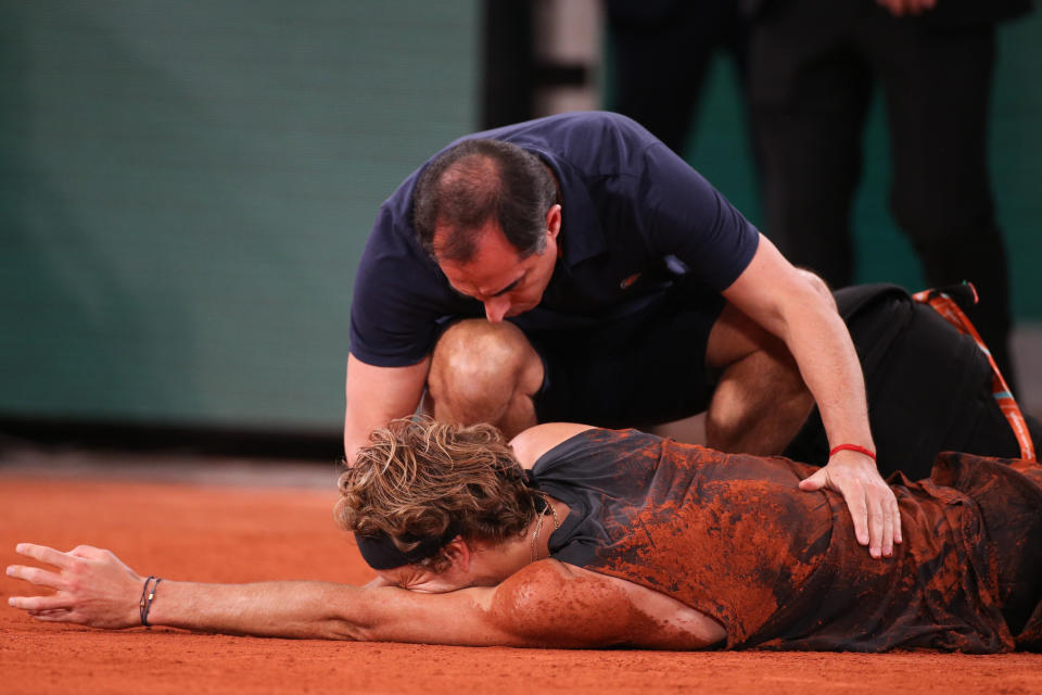 Alexander Zverev (pictured) injured during his match against Rafa Nadal on Philipe Chatrier Court in the 2022 French Open semi-finals.