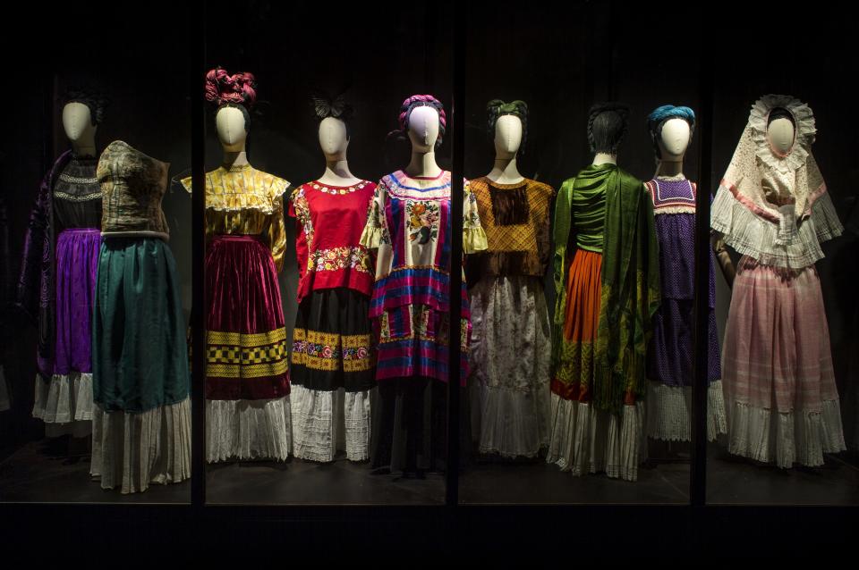 Tehuana dresses, and a mix of European styles, worn by Frida Kahlo. On view at the Brooklyn Museum.