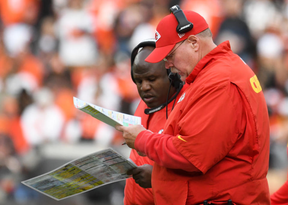 Head coach Andy Reid has called the plays this season for the Chiefs’ offense. Eric Bieniemy’s input is felt during the game planning phase. (Getty Images)