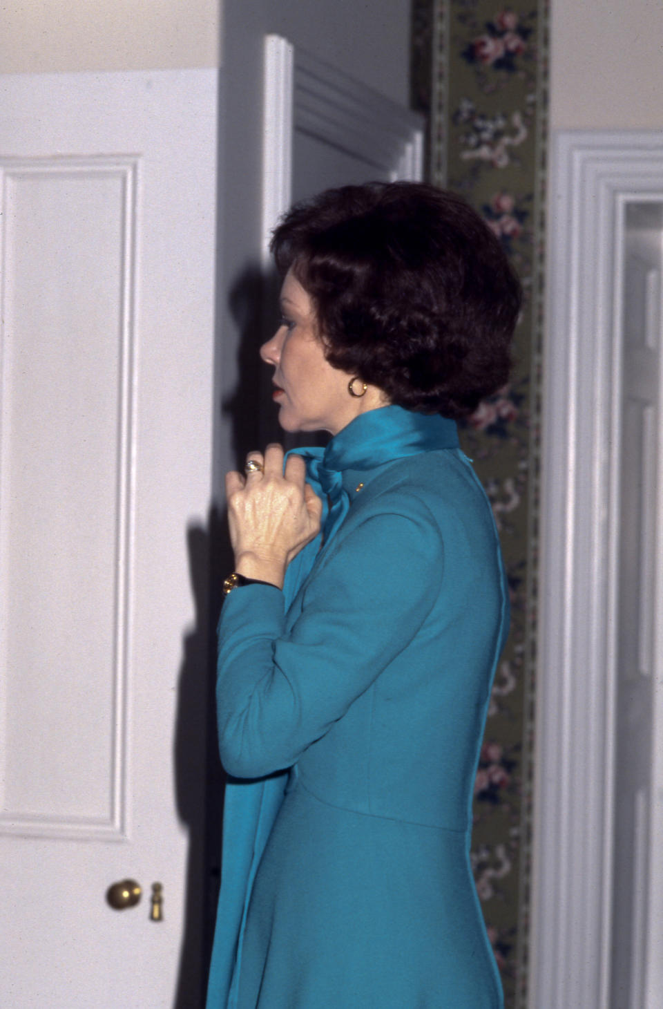 Rosalynn Carter prepares for husband Jimmy Carter's inaugural parade in 1977.