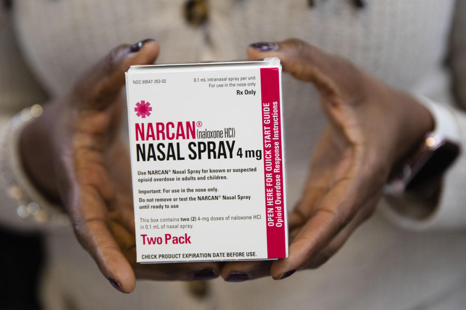 Displayed is one of the boxes of the overdose-reversal drug Narcan that are being distributed for free for the day at the Department of Health booth in the 104th Pennsylvania Farm Show in Harrisburg, Pa., Wednesday, Jan. 8, 2020. (AP Photo/Matt Rourke)